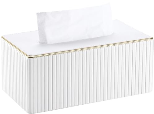 KINGFOM Taschentuchbox Kosmetiktücherbox mit Golden Edge, PU Leder Tissue Box Tücherbox, Taschentuchspender Taschentücher Box für Wohnzimmer, Badezimmer & Büro (Weiß, Rechteckige)