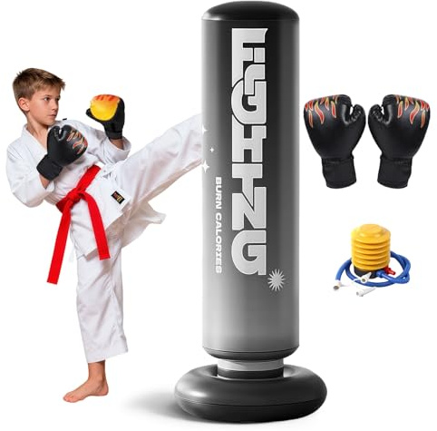 Flintronic boxningssäck barn 3 år för pojkar och flickor, uppblåsbar stående boxningssäck med boxningshandske, tjock stabil 120 cm stor punching bag för att öva karate och taekwondo, svart och blå