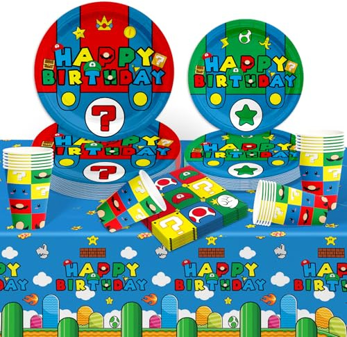Luclay Geburtstag Party Pappteller Kindergeburtstag- Bros Partygeschirr Set Birthday Geburtstagsdeko Mädchen Junge Geschirr Party Tableware Supplies Kit Teller Tischdecke Servietten Tassen Kinder
