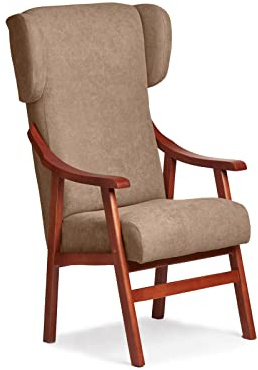 Abuelo a Gusto – Silla Ergonómica con Brazos y Orejas Apoyacabeza en Madera de Cerezo. Tapizado Antimanchas para Personas Mayores o Geriátrico (115 x 71 x 57 cm) [Tostado]
