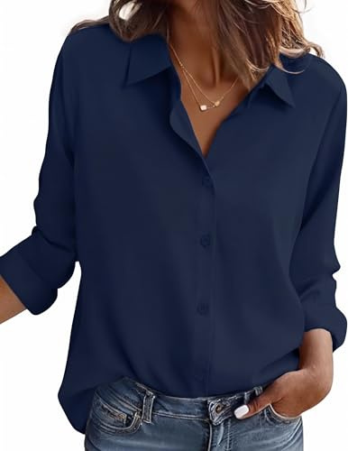 Zeagoo blus dam business strykfria blusar långärmad krage skjorta blus enfärgad button down skjortor elegant arbetstoppar skrynkelfri skjorta, Blåviolett, XL