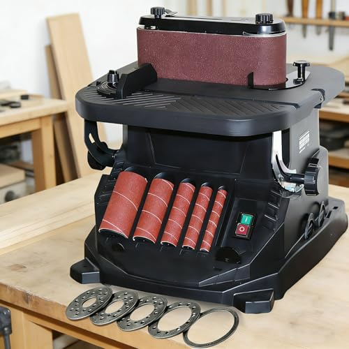 Multifunctional Wood Sanding Tool, Vertical Oscillating Spindle Sander, 2850rpm with Belt Tilting Table and Sanding Sleeves, Ideal for Woodworking and DIY Projects