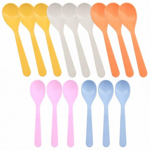 SPOKKI 15 PCS Plastic Spoons, 14cm Colourful Plastic Teaspoons Reusable BPA-Free Short Handled Spoon for Egg Rice Soup Sundae Ice Cream Dessert Espresso