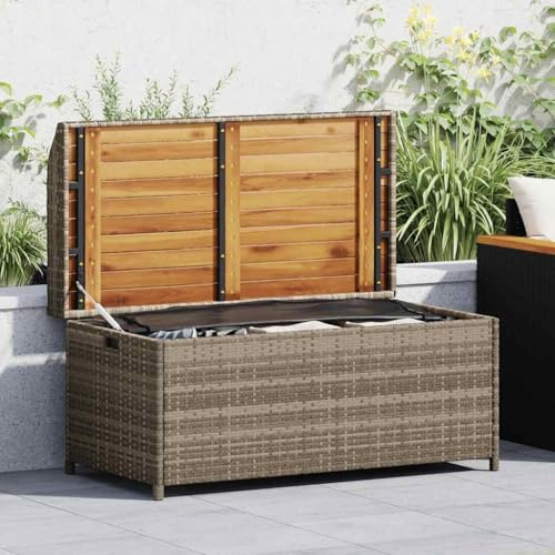 HUAKEHOM Gartenbank mit Stauraum Gartentruhe Sitzbank Kissentruhe Kissenbox Truhenbank Auflagenbox Gartenmöbel Bank Grau 100x50x52 cm Poly Rattan Akazienholz