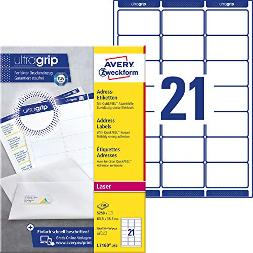 Avery Dennison L7160-250 Étiquettes adresses 63,5 x 38,1 mm 250 feuilles (Import Allemagne)