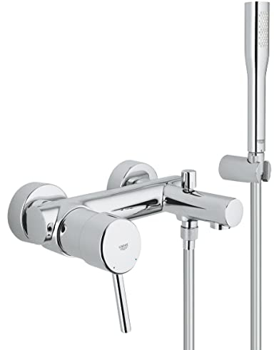 GROHE Concetto, Badewannenarmatur mit Duschkopf (Duscharmatur mit integriertem Rücklaufventil, automatische Umstellung für Badewanne und Dusche, Komplettset für die Badewanne), chrom, 32212001