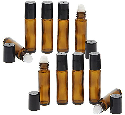 Braunglas Deostick 10ml, Kosmetex leere Roll-on-Flasche mit Deo-Roller zum Selbst befüllen, 10 Stück