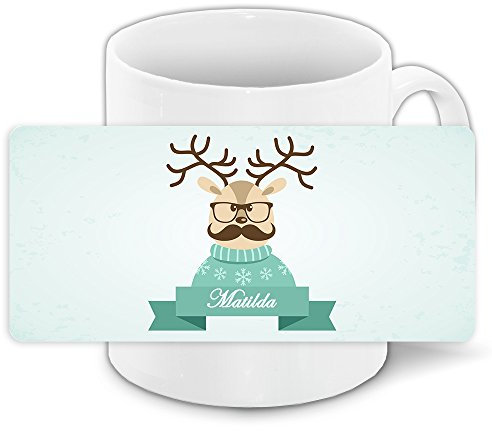 Weihnachtstasse mit Namen Matilda und lustigem Motiv mit Rentier im Pullover mit Schnurrbart - Tasse zu Weihnachten
