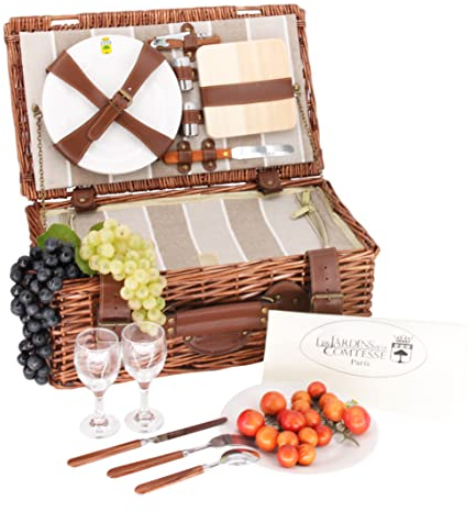 Les Jardins de la Comtesse - Picknickkorb Amboise - Komplett Für 2 Personen - Kühlfach - Keramikteller und Weingläsern - Gestreifter Stoff - 46 x 26 x 18 cm