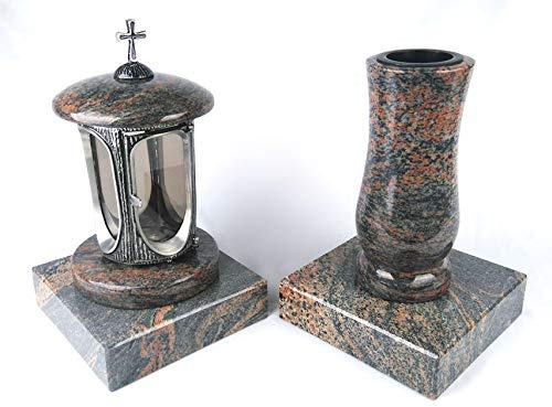designgrab Alu Grablampe aus Aluminium in Antikoptik mit Kreuz und Grabvase und 2 Stück Sockel eckig in Granit Gneis Halmstad
