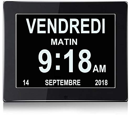 Orologio Calendario Digitale Sveglia, 8 LCD Oscuramento Automatico con Ora, Data, Anno Mese Giorno Non-Abbreviazione Orologio Completo per Perdita Di Memoria Anziani Demenza Alzheimer - Nero