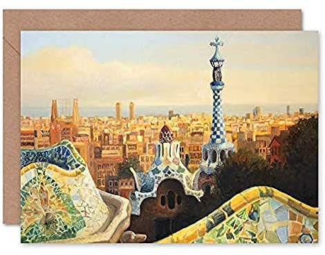 Fine Art Prints Park Guell Painting Barcelona Greeting Card With Envelope Inside Premium Quality, yellow|black|orange|brown