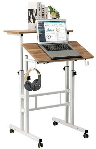 SIDUCAL Small Standing Desk, Portable Stand Up Desk, Height Adjustable Mobile Standing Table Converter with Wheels Computer Workstations, Rolling Laptop Cart for Stand or Sit, Vintage Oak