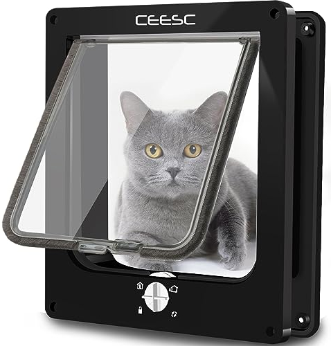 CEESC Cat Flap for Interior/Exterior Door, Weatherproof, Rotary 4 Way Locking Pet Door for Cats & Dogs, Upgraded Version (Black, Large)