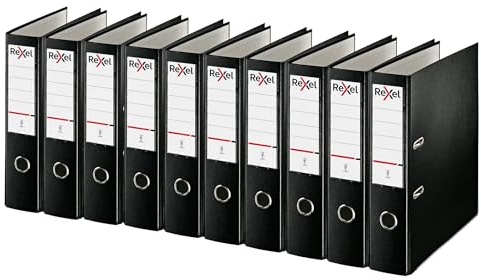 Rexel A4 arkivfiler, svarta arkiveringsmappar, hållbar PP eco 75 mm ryggrad rymmer upp till 500 ark, för A4-dokumentförvaring och daglig arkivering, paket med 10