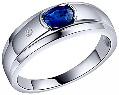 AMDXD Diamantring Weißgold 750, Klassisch Ringe Eheringe mit Blau Saphir 0.6ct, Geschenk für Weihnachten Valentinstag, Weiß Gold, Gr.70 (22.3)