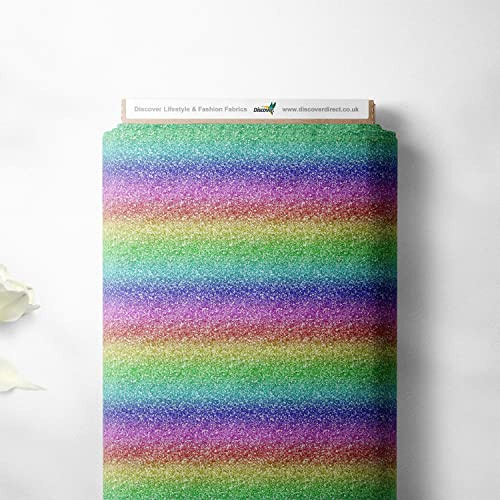 Stoff aus 100 % Baumwolle, Regenbogenfarben, buntes Design, für Kinder, Bastelqualität, 140 cm breit (Meterware, Regenbogen-Glitzer horizontal)