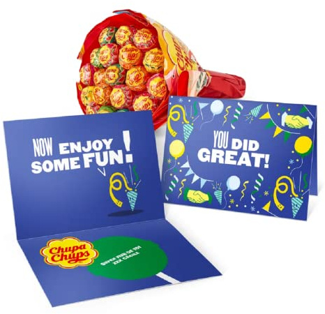 Bouquet de Sucettes Chupa Chups avec Carte de Vœux Personnalisée - 19 Sucettes Chupas Chups aux Goûts Variés dans un Bouqet Cadeau accompagné d'une Carte imprimée, Personnalisable avec Nom et Texte