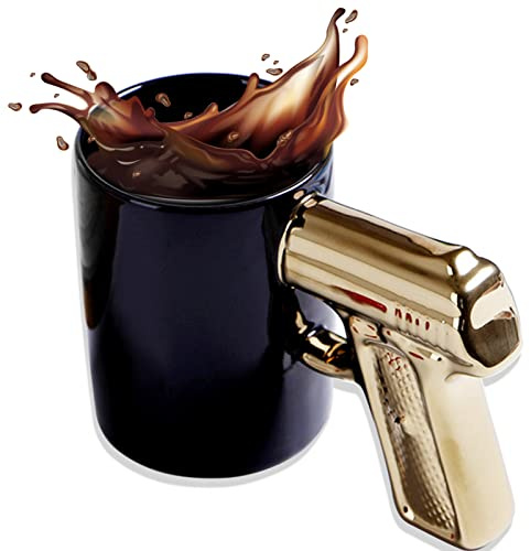 ZONSUSE Rolig mugg med pistolhandtag, nyhet keramiska kaffemuggar, personlig pistolkaffekopp, 3D-pistolhandtag vattenkopp, perfekt nyhet skämtgåva, militärgåvor för män, 400 ml (svart och guld)
