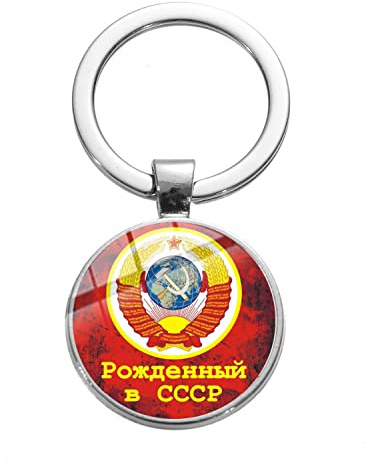 Porte-clés classique USSR soviétique en verre imprimé marteau faucille CCCP Russie Emblème Communisme Porte-clés rond cadeau porte-clés, blanc, L