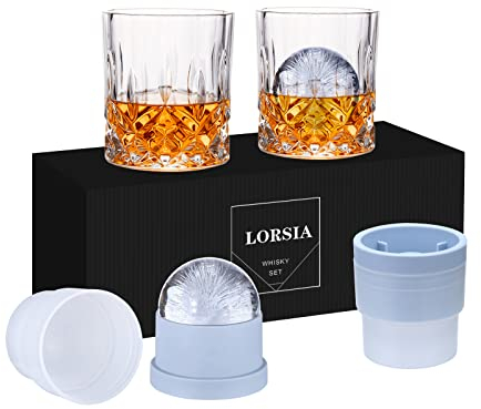 Vasos de whisky, juego de 4 (2 vasos de cristal, 2 moldes grandes de bolas de hielo) en caja de regalo – Vasos de whisky de 320 ml para cóctel escocés, ron, licores, regalos únicos para hombres