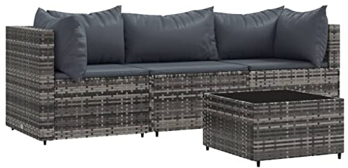 vidaXL Garten Lounge Set 4-TLG., Gartenmöbel Set mit Kissen, Sitzgruppe für Garten Terrasse, Modular Sofa Garnitur Loungemöbel, Grau Poly Rattan