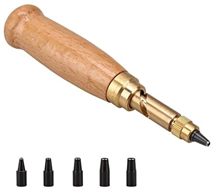 feedal Adjustable Screw Hole Punch Screw Hole Puncher with Wood Handle, 6 Tips Sizes: 1.5mm, 2mm, 2.5mm, 3mm, 3.5mm, 4mm for Sewing Leather Paper Bookbinding Tool