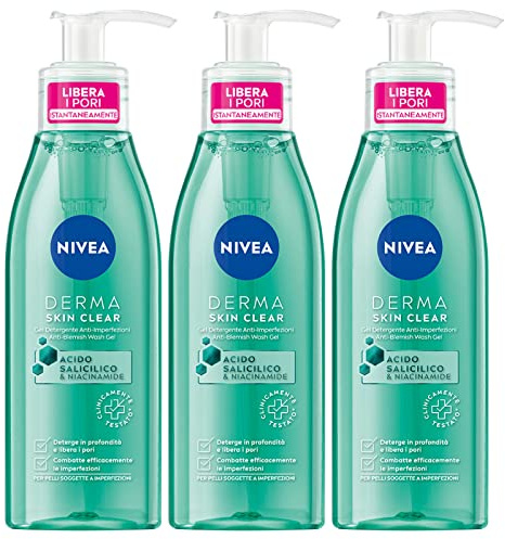 NIVEA Derma Skin Clear Gesichtsreinigungsgel gegen Unreinheiten vegane Formel mit Salicylsäure und Niacinamid zur Entfernung von überschüssigem Talg gegen Verunreinigungen und Mitesser - 3 Flaschen à