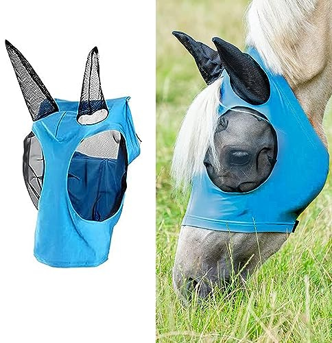 Maschere Protettive per Cavalli, Maschera per Mosche Cavallo, Maschera Cavallo Antimosche, Maschera Anti Mosche per Cavalli, Naso Lungo con le Orecchie Protezione UV, Liscio ed Elasticità (Blu)