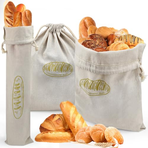 NAROSEBE 3 Pz Borsa per il Pane in Lino Riutilizzabile con Coulisse - Sacchetto Portapane Salvafreschezza per Baguette, Frutta e Verdura
