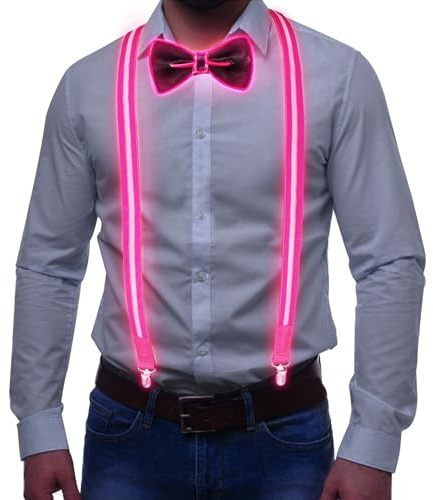 Tulov 2 Stück Leuchtende Herren LED Hosenträger und Fliege, LED Leucht Hosenträger Herren Neon Leuchtendes Outfit für Dunkle Party Musik Festival Weihnachten（Rosa）