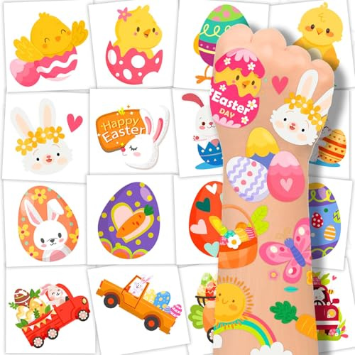 winthrop 240 Pcs Bulk Easter Temporary Tattoos for Kids, Individually Wrapped Waterproof Safety Tattoos Stickers, Best Choice for Easter Basket Stuffers, 60 Different Designs Bunny Egg Chicken