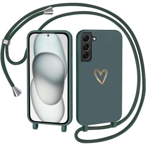 CaseLover Handyband für Samsung Galaxy S21 Hülle mit Band, Grün | Herz Muster, Silikon Necklace Handyhülle mit Abnehmbar Kordel zum Umhängen, Stossfest Bumper Handy Schutzhülle Case