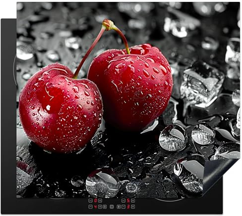 KitchenYeah© Herdabdeckplatte Einteilig Herdabdeckung Abdeckplatte | 60x52 cm - Ceranfeld Abdeckung Induktionskochfeld Aufrollbare Matte Kirschen - Rot - Obst - Schwarz