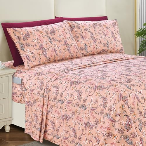 Elegant Comfort Softest and Coziest 4-Piece Sheet Set - 1500 Premium Hotel Quality Microfiber - Deep Pocket, Wrinkle Resistant 4-Piece Paisley Pattern Bed Sheet Set, Twin XL, Paisley Coral