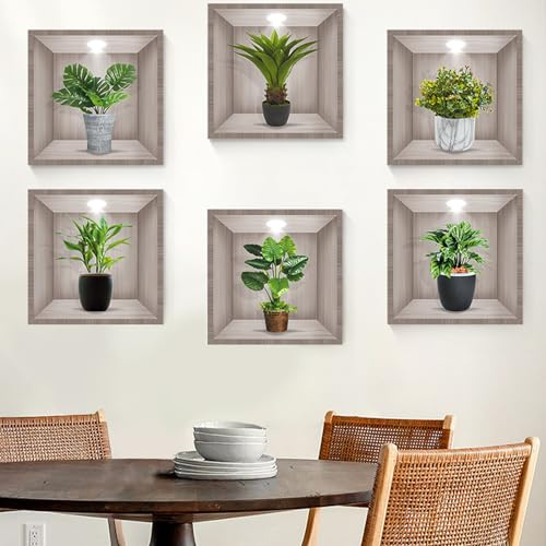 Wandtattoo Pflanzen 6pcs, Realistische Grüne Topfpflanze Wasserdichte Wandkunst-Aufkleber 3D Vinyl Selbstklebende Wandaufkleber für Wohnzimmer Schlafzimmer Badezimmer Küche Büro Dekor | Wasserdichte Wandkunst-Aufkleber, 3D Vinyl, Selbstklebend, Für Wohnzimmer Schlafzimmer Badezimmer Küche Büro