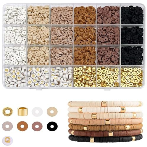 Disnace 2414 Stück Ton Perlen zum Auffädeln Kit, Perlen für Armbänder, Tonperlen, Gold Zwischenperlen, Freundschafts Armbänder Selber Machen, Armband Clay Perle Set Perle für Perlenkette, Braun