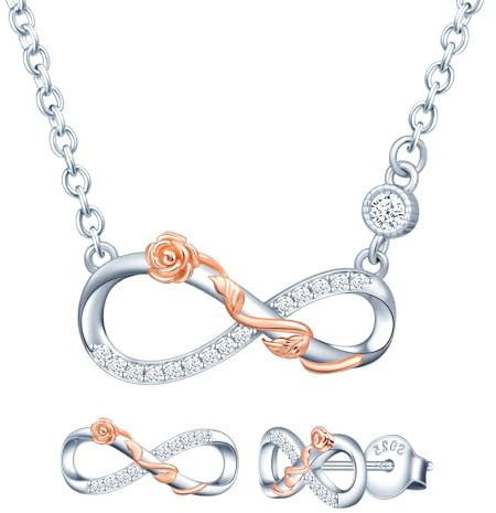 MICMIF Oändlighet smyckeset för kvinnor 925 sterling silver örhängen och halsband set för flickor örhängen oändlighet med rosor och kedja hänge infinity blomma smycken med zirkonia, Sterlingsilver