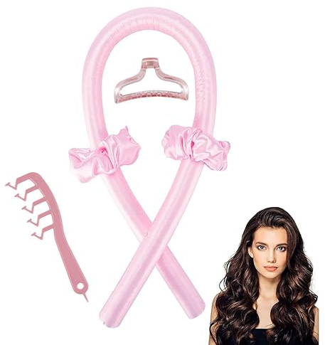 Satin Heatless Hair Curler,Hair Rollers for Heatless Curls with Claw Clip,Soft Rubber Heatless Curling Rod Headband, Adjustable Wavy Curling Hair Kit, for Short & Long Hair (Pink)