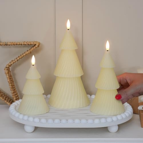 Festive Lights - Paquete de 3 velas LED de cera real para árbol de Navidad, funciona con pilas, luz blanca cálida, decoración de mesa de temporada con temporizador de 6 horas (crema)