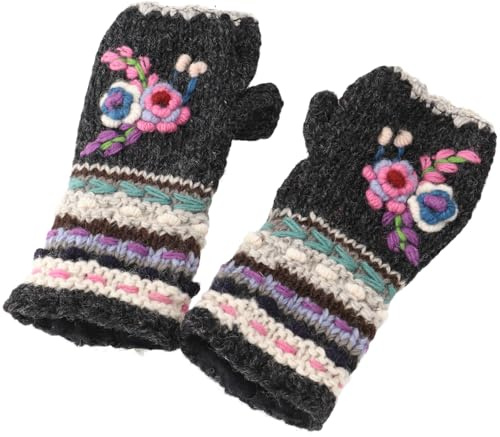 GURU SHOP Handstulpen aus Wolle mit Blume, Handgestrickte Pulswärmer - Anthrazit, Herren/Damen, Synthetisch
