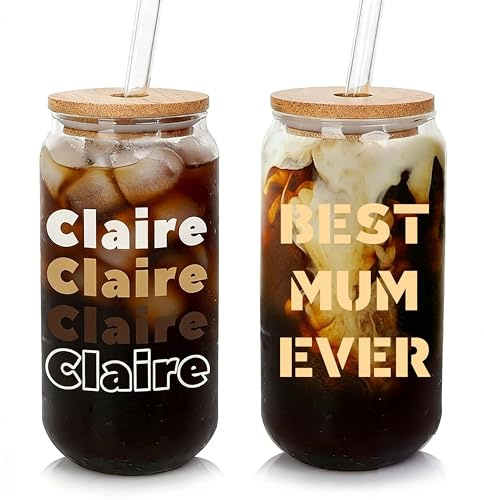 ANOTION Personalised Tumbler Iced Coffee Cup with Lids and Straws Beer Can Shaped Glass Bamboo Lid 20 Oz Personalised Coffee Glass Tumbler Gifts for Birthday Women Men Christmas