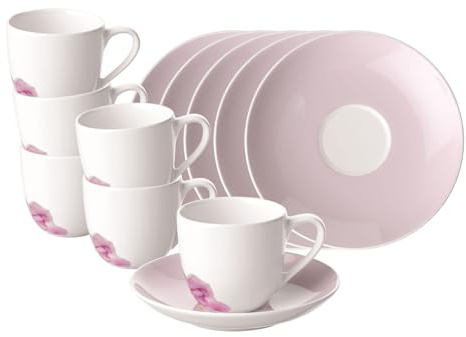 Villeroy & Boch Rose Garden Espressotassen mit Untertassen 6er Set, 70 ml, Espresso-Set mit Blumen-Dekor für 6 Personen, Spülmaschinenfest, Premium Porzellan, Rosa