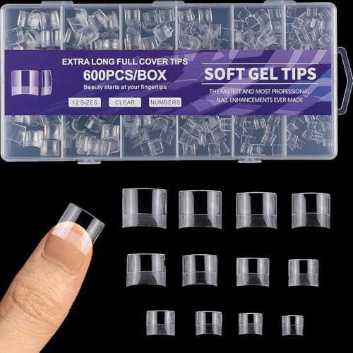 600 Stück Nagel Tips Kurz Set, 12 Größen Nageltips für Gelnägel, Künstliche Soft Gel Half Cover Nageltips Kurz, Gel Tips für Nägel für Nagelstudio Salon DIY