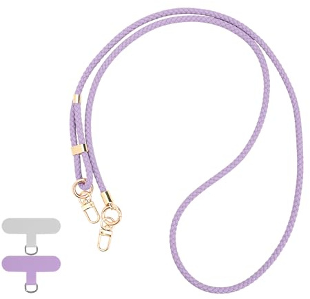 Reownest Handykette Universal zum Umhängen, Handy Halsband mit 2 Patches, Verstellbares Geflochtenes Leder Handy Lanyard, Halskette Kompatibel mit den meisten Smartphones, Lila