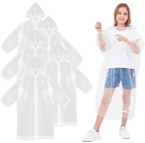 Riisoyu Lot de 5 Imperméable pour Enfants, Poncho de Pluie Jetable avec Capuchon à Cordon légers en Poncho de Pluie Transparent poncho de pluie pour Garçons Filles pour Camping, Randonnée