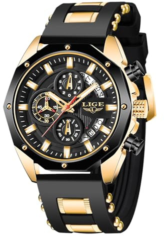 LIGE Montre Homme 3ATM Etanche Vintage Montres pour Hommes Chronographe À Quartz Analogique Étanche Bracelet Silicone Lumineux Date Affaires Élégant Quotidien Waterproof Watches for Men,Or Noir