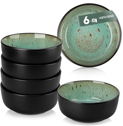 vancasso AMBER Lot de 6 Bols à Céréales - 840ml - Bols à Soupe en Grès - Passe au Lave-vaisselle et au Micro-ondes, Saladiers Pour Muesli, Flocons de Maïs ou Petit-déjeuner, Glaçure Vert