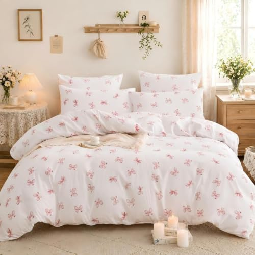 Tospass Schleife Bettwäsche 135x200 Rosa Schleifen Mädchen Bettwäsche Set | Aesthetic Bettwäsche mit Schleifenmuster, 2 teilig, Microfaser ÖKO-TEX Bettbezug mit Reißverschluss und 1 Kissenbezug 80x80cm