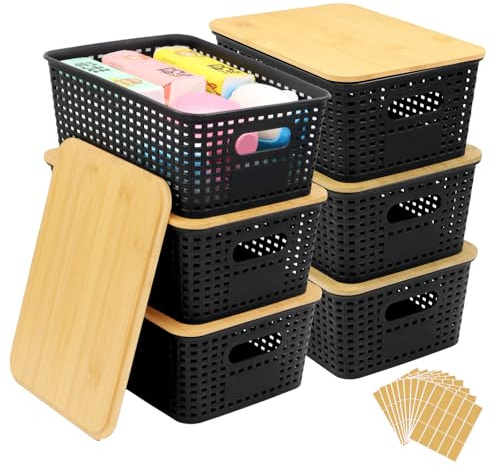 ZYNERY 6Pcs Storage Boxes with Bamboo Lid, Stackable Storage Bins, Plastic Storage Containers for Bathroom, Shelf, Kitchen, 25.6x18x10.7cm (Black)